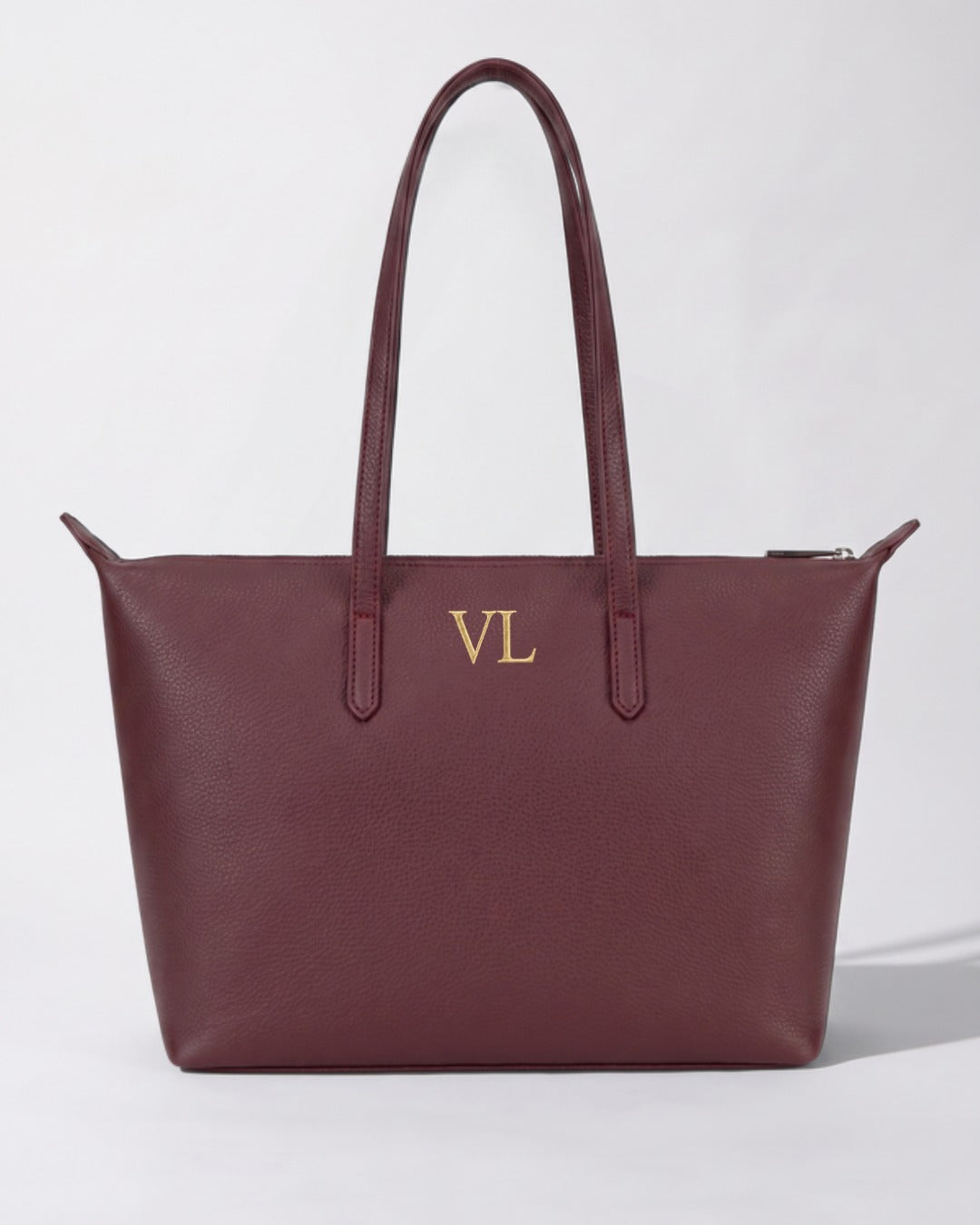 Lucia Shoulder Bag in burgundy — Lilly Carry personalised leather tote with gold initials