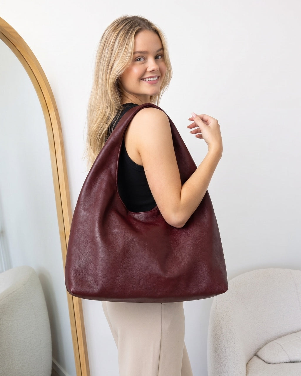 Burgundy Elodie Shoulder Bag worn over the shoulder