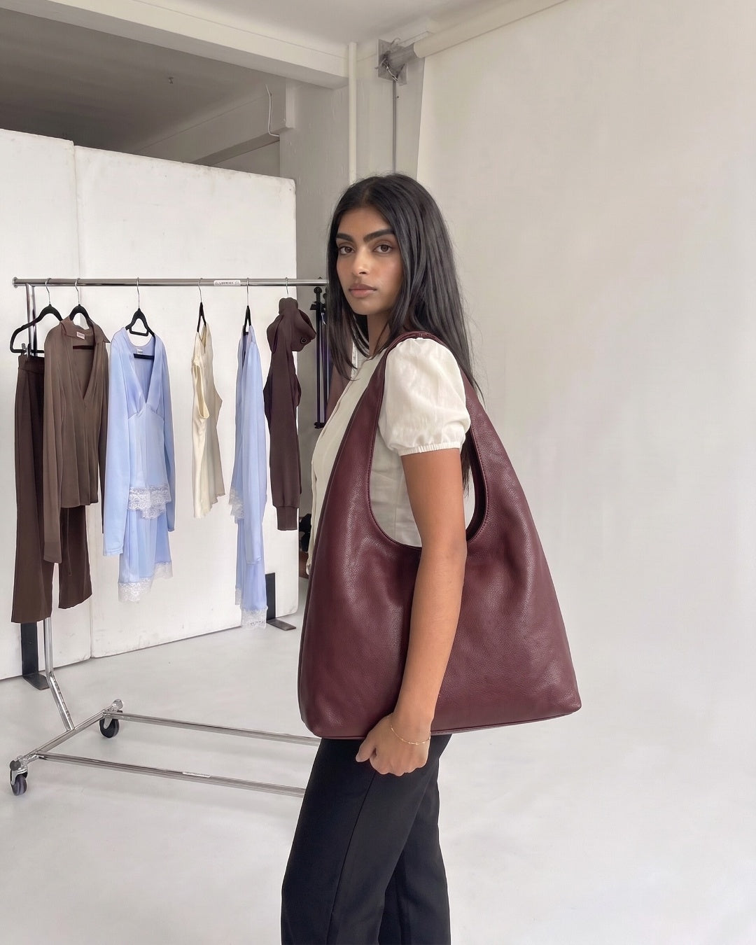 Personalised burgundy Elodie Shoulder Bag with initials